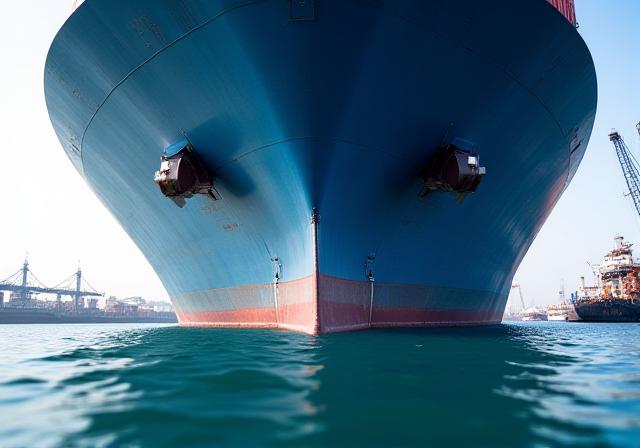 Containerschiff im Hafen mit moderner Logistik-Technologie