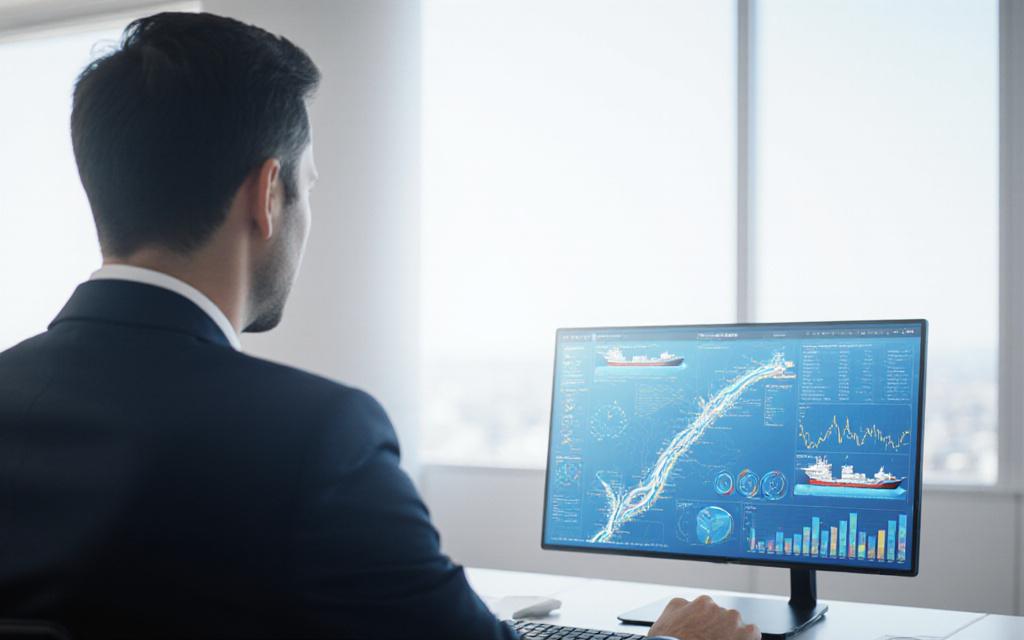 Analyst untersucht maritime Marktdaten auf einem digitalen Dashboard